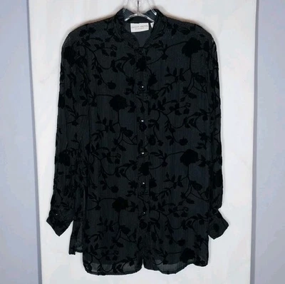 Top Jaclyn Smith S Negro Floral Mezcla Seda Semi-transparente Brillante Boho Capricho  Foto 1 de 4