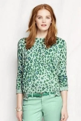 Lands End Supima Cardigan Sweater Set Caspian Blue Leopard Preppy Cozy Classic - Image 1 of 4