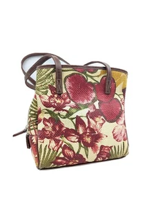 Vintage Woven Paper Tapestry Tote w/ Beaded Hibiscus Flowers Beige and Red Purse - Picture 1 of 9