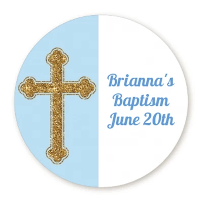 Gold Glitter Blue Cross - Round Personalized Baptism Christening Sticker Labels - Image 1 of 2