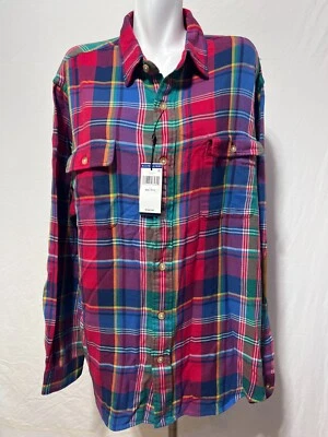 全新带标签 Ralph Lauren 男式 2XL 2X 格子衬衫麂皮绒肘贴红色蓝色多全新全新带标签 — 第 1/4 张图片