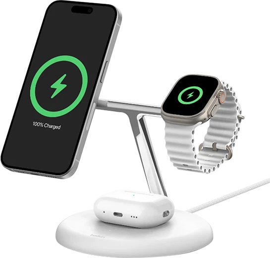 Belkin MagSafe-Compatible 3-in-1 Wireless Fast Charger Stand 15W - White