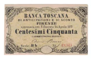 Italy (Banca Toscana) - 24.4.1870 50 Centesimi Banknote - Picture 1 of 2