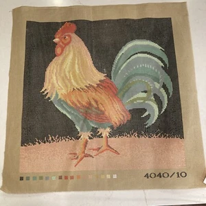 Vtg Needlepoint Canvas Rooster Chicken Cock Black French Country Farm Green 15” - Picture 1 of 9