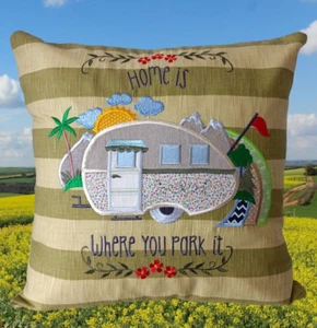 Caravan Cushion Cover, Embroidered, Handmade, 'Home is Where you Park it'' - Picture 1 of 7