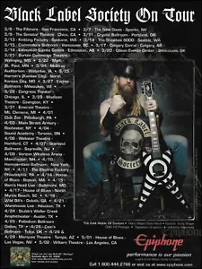 Anuncio de guitarra personalizado Black Label Society Zakk Wylde 2009 fechas de gira Epiphone ZV - Imagen 1 de 3