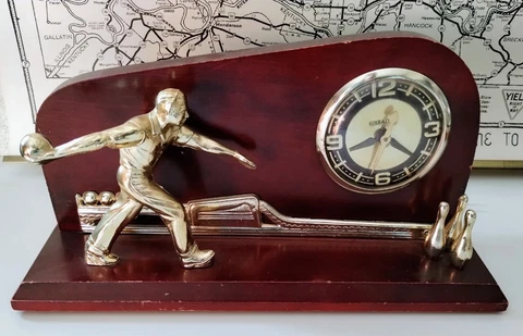 50's Bowling Clock w Bowler Pins Bowling Lane Ball Return Gibralter Clock Wood Cover