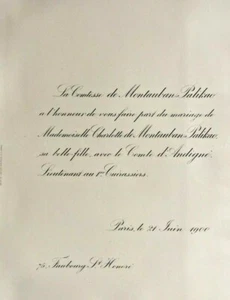 COMTESSE DE MONTAUBAN PALIKAO Comte Andigne FAIRE PART MARIAGE Paris 1900 - Picture 1 of 2