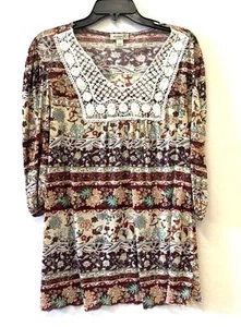 One World Brown Boho Top Size Large Square Lace Yoke 3/4 Sleeves - Picture 1 of 2