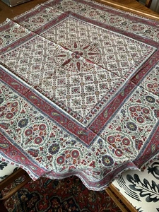 French Provincial Red Blue Medallion Paisley Tablecloth Hand Hemmed 42”sq Cotton - Picture 1 of 12