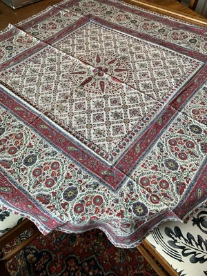 "Mantel de cachemira medallón rojo azul provincial francés dobladillo a mano 42""sq algodón" Foto 1 de 4