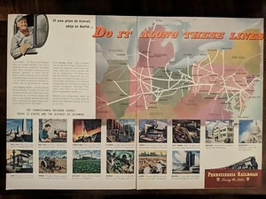 Anuncio impreso de ferrocarril de Pensilvania 1946, locomotora posterior a la Segunda Guerra Mundial y trenes de viaje - Imagen 1 de 1