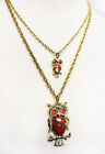 Impressive Vintage Layered Rhinestone Owl Pendant Costume Gold Chain Necklace