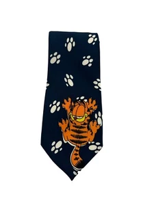 Gold Stan Garfield Silk Tie Necktie Cat Paw Prints Navy Blue Orange - Picture 1 of 6