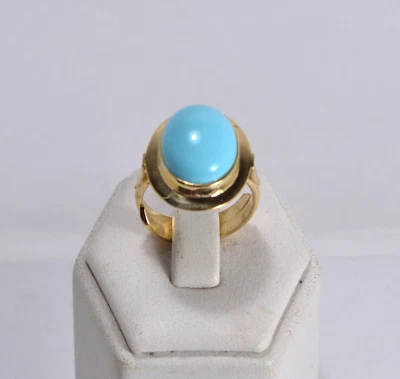 ANELLO IN ARGENTO 925 DORATO CON PASTA DI TURCHESE OVALE 12 x 16 mm     AGNK 097 - Immagine 1 di 3