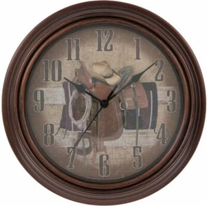 Kitchen Plastic Decorative Wall Clock, approx. 12", BROWN COWBOY HAT & SADLE - Picture 1 of 12