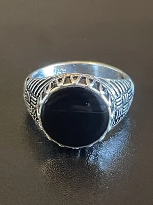 Круглый черный обсидиан драгоценный камень S925 серебро покрытием мужчин женщин кольцо размер 8,5 - Изображение 1 из 4