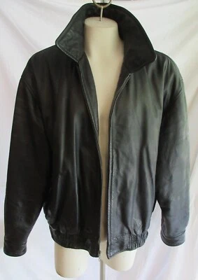 St. Johns Bay BLACK LEATHER Motorcycle size XXL Quilt Lined Zip-up BOMBER JACKET - Image 1 of 4