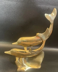 Vtg Brass Dolphins Nautical Beach Decor Statue Sculpture Art Double Dolphin 10” - Picture 1 of 10