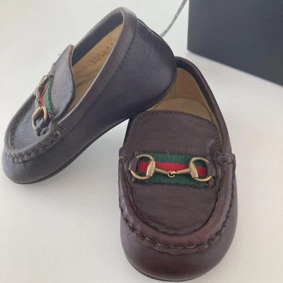 GUCCI Bebé Primeros Zapatos Mocasines Horsebit Web Rayas Cuero Marrón Talla 18 con Caja Foto 1 de 4