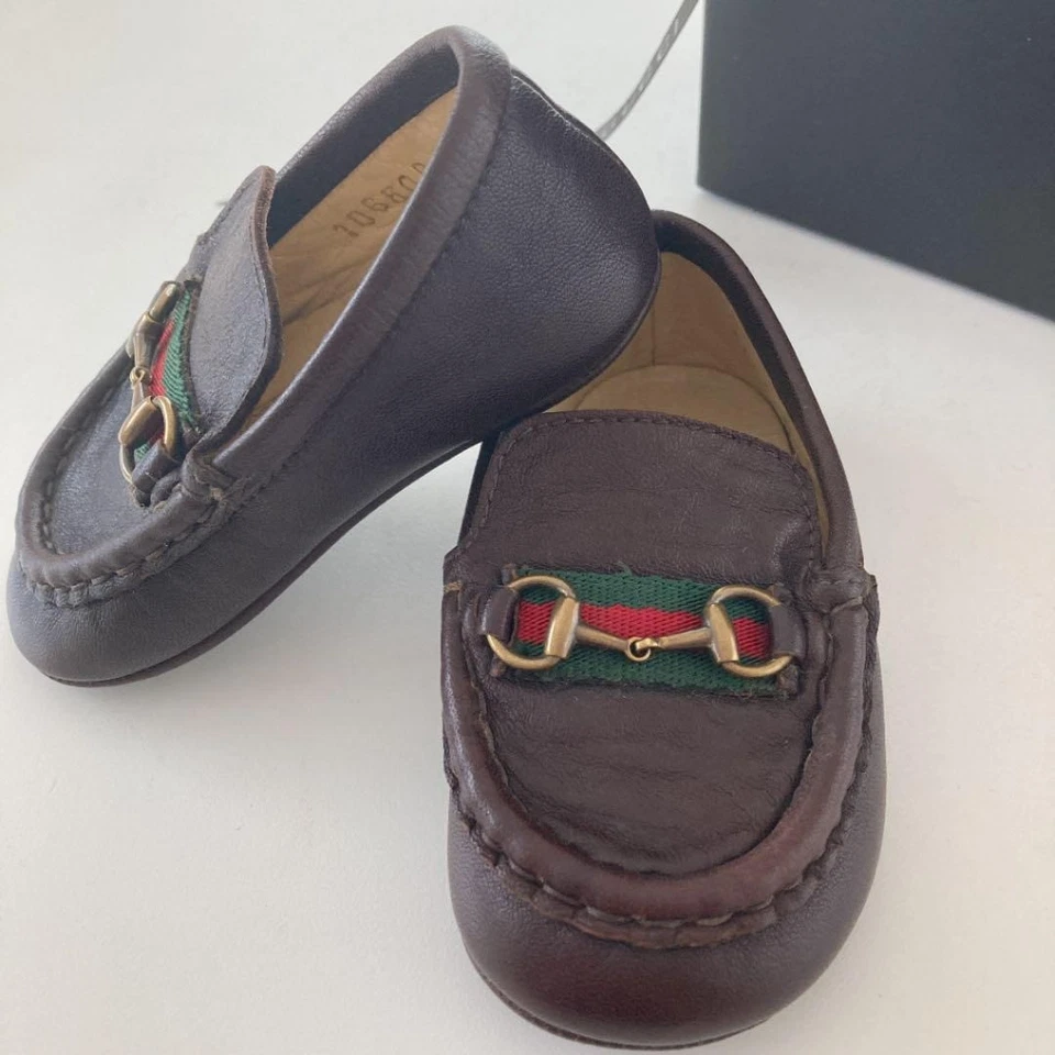 GUCCI Bebé Primeros Zapatos Mocasines Horsebit Web Rayas Cuero Marrón Talla 18 con Caja Foto 1 de 4