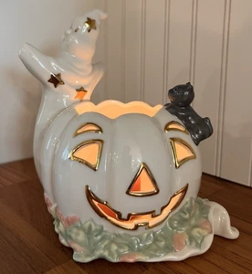 Lenox Occasions Ghost with Pumpkin & Cat Votive Candle Holder Halloween Fall - Picture 1 of 10