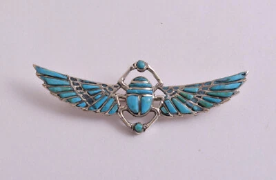 Broche en argent sterling scarabée égyptien, renaissance, incrustations de tu... - Photo 1/3