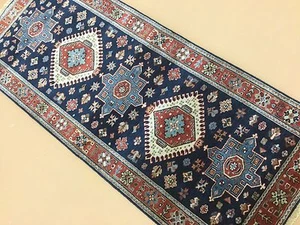 Alfombra oriental geométrica fina azul marino de 2,6" X 5,10" corredor corta anudada a mano - Imagen 1 de 1