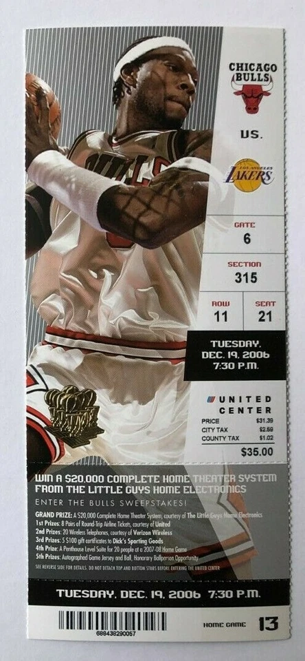 Boleto 2006 Los Angeles Lakers at Chicago Bulls 19/12/06 Kobe Bryant 19 puntos Foto 1 de 1