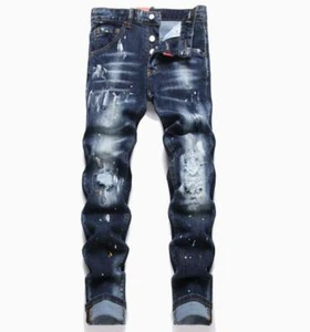 Herren blau Denim Jeans zerrissen bedruckt Dekor Knopfleiste gerades Bein Punk Hose - Bild 1 von 9