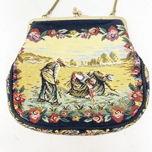 Floral Tapestry Coin Purse with Chain Strap Field Workers Scene - Picture 1 of 6