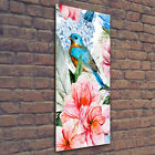 Wandbild Kunst-Druck auf Hart-Glas hochkant 50x125 Blumen und Vögel
