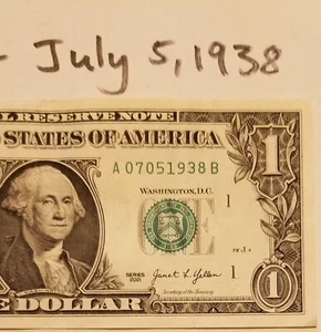 Birthday Note July 5, 1938 Collectible $1 Dollar Bill Fancy Serial Number 2021 A - Picture 1 of 4