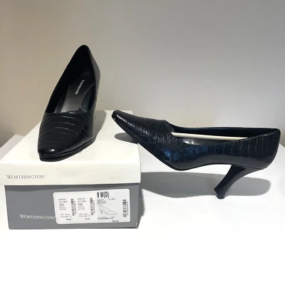 Worthington Croc Embossed Leather Heels Pumps Size 9W Square Toe Old Money NIB - Image 1 of 4