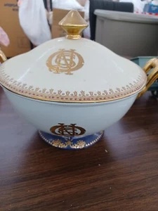 Vintage acento oriental, puré con tapa pintado a mano dorado y verde - Imagen 1 de 3