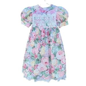 VTG Jessica McClintock Cottagecore Floral Lace Party Dress Pink Roses Sz 6 USA - Picture 1 of 16
