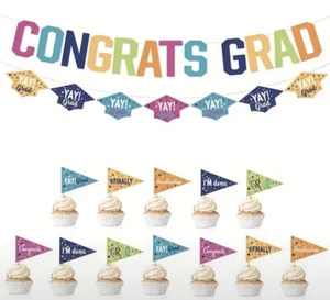 Graduation Decor 2 Banners and 12 Cupcake Picks Grad Hat Party Decoration - 14p - Picture 1 of 4