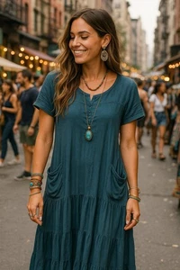 Abito WRAP London maxi 100% lino Lagenlook boho verde acqua tasche taglia 14 US - Foto 1 di 12