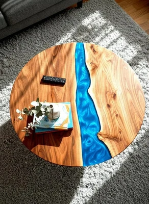 Handmade Blue River Epoxy Table – Live Edge Wood Dining Table - Image 1 of 4