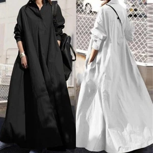 Maxi Dress Womens Collared Kaftan Baggy Casual Loose Long Sleeve Oversized - Picture 1 of 14
