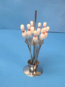 Vintage MCM Bowling Pin 9 Cocktail Picks or Olive Forks on Chrome Stand NICE - Picture 1 of 9