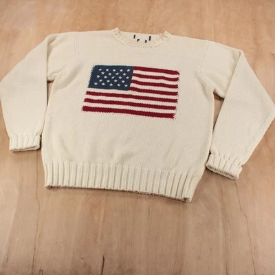 vtg 90s y2k POLO RALPH LAUREN USA American Flag knit cotton sweater fits MEDIUM - Image 1 of 4