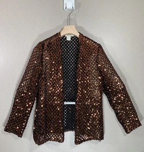 Three Flagged Copper Sequin Sweater Long Sleeve Knit Open Cardigan Size 14 - Picture 1 of 17