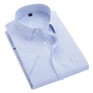 Summer Men's Striped Short Sleeve Dress Shirt Square Collar Non-iron Regular Fit - Picture 1 of 22