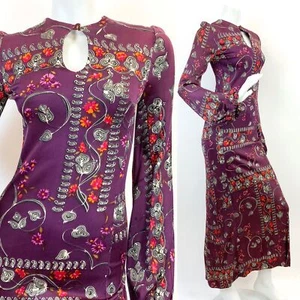 VTG 60s 70s PURPLE WHITE ORANGE FLORAL PAISLEY VINE MOD BOHO FOLK MAXI DRESS 6 8 - Picture 1 of 7