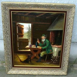 Karl Hans Boese Öl Gemälde Bild Alpiner Herr mit Dackel am Kamin in Hütte 16943 - Bild 1 von 9
