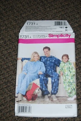 Simplicity 1731 sewing pattern, Uncut, S-XL Family Fleece Jumpsuits & dog coat - Image 1 of 3