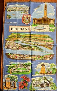 VINTAGE ARIAL VIEW BRISBANE AUSTRALIA TRAVEL SOUVENIR TEA TOWEL LINEN HEIL Blue - Picture 1 of 6