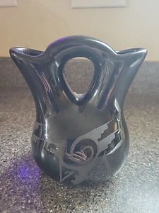 Navajo Black Pottery Pot~CEDAR MESA 70023~Shiny Black~Double Open ~6.5"H x 4"W - Picture 1 of 8
