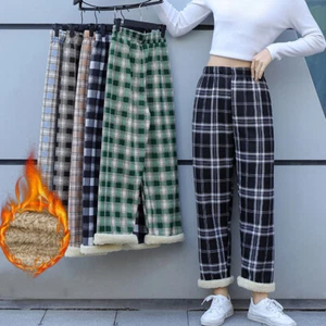 Women's Straight Trousers Pants Fleece Lined Check Elastic Waist Loose Warm - Picture 1 of 19